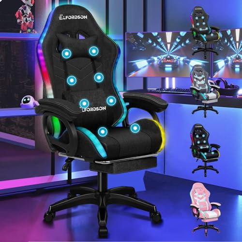 ELFORDSON 8-Point Massage Gaming Chair with RGB LED, Massaging Office Chair with Lumbar Support Footrest 82cm High Back 150° Recliner, Adults and Kids, Fabric Linen, Black