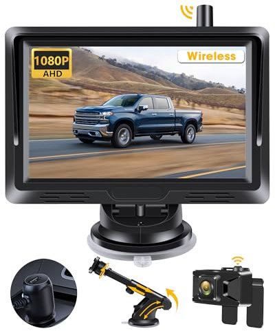 Wireless Reversing Camera with 5 inch Rear View Camera Monitor AHD 1080P Stable Signal No-Delay Clear Night Vision IP69 Waterproof Reverse Camera Kit for Car Van Trailer RV DIY Guide Line Image Flip