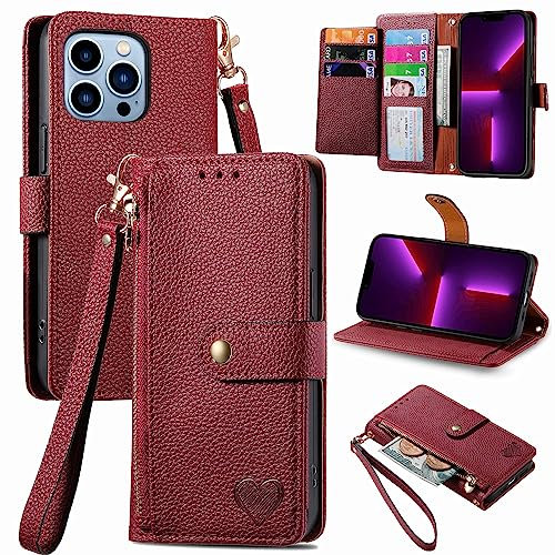 VEEMOS Zipper Wallet Case for Apple iPhone 13 Pro Phone Case with Purse Card Holders RFID Blocking Leather Flip Case Book Cover Wrist Strap Women - Red
