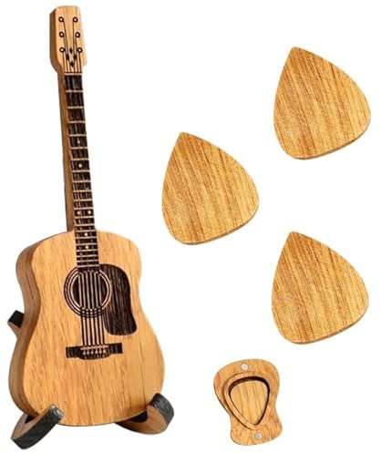 Roinaid Plektren Gitarre Plektrum Guitar Picks Plektrum Akustikgitarre Gitarren Holz-Pick-Box, Enthält 1 Gitarren, 3 Gitarren-Pick, 1 Aufbewahrungsbox, 1 Halter, geeignet für Ukulele-Liebhaber