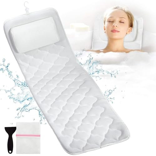 Ganzkörper-Badewannenkissen, rutschfestes Spa-Badewannenkissen mit 13 Saugnäpfen, Wäschesack, Badewannenkissen, Kissen für Kopfstütze, Nacken, Schulter und Rückenlehne, Unterstützung 127 x 40,6 x 2,5