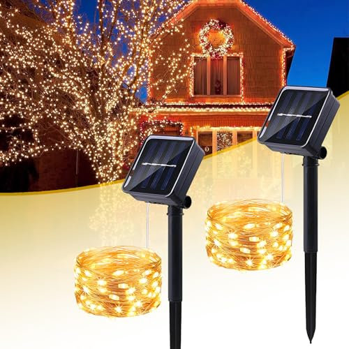 Solar Lichterkette Aussen, 2x10M 100 LED Solar Lichterkette Außen Wetterfest, 8 Modi, Kupferdraht Lichterkette Außen für Gartendeko, Terrasse, Warmweiß