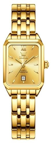 OLEVS Gold Damenuhr Rechteckig Wählscheibe mit Datumsanzeige Luxus Damen Armbanduhr Gold Edelstahl Kleines Handgelenk Quarz Uhr Einfachheit Stilvolle Wasserdicht Leuchtend Uhren Damen