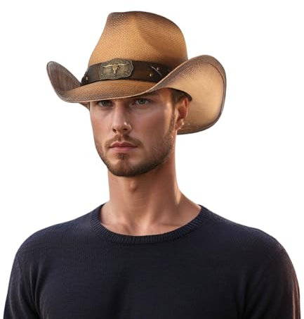Straw Cowboy Hat for Men & Women | Handcrafted Western Hat with Leather Band | Classic Wide Brim Sun Protection Hat | Lightweight, Breathable & Stylish for Outdoor Adventures, Festivals & Ranch Wear