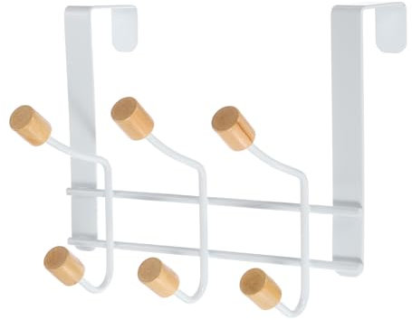sourcing map Over The Door Hanger Hooks Metal Over Door Coat Racks Wood Hooks Clothes Organizer Racks with 6 Wooden Hooks for Organizer and Hanging Coat Towels Bags Hats Robes, White