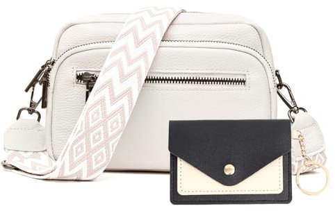 JinDouer Kleine Umhängetasche Damen Echtes Leder, Crossbody Bag Elegant mit Mehrere Fächer, Handtasche mit Abnehmbarem Modern Breitem Schultergurt, Münzbörsen für Damen Senden (Weiß)