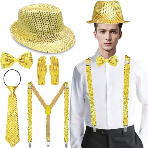 Glitzer Outfit Herren,Glitzer Accessoires Herren,mit Glitzer Fliege und Hosenträger Herren,Pailletten krawatte,Pailletten Herrenhut Handschuhe,für Karneval Fasching Mottoparty, Jazz Dance Performence