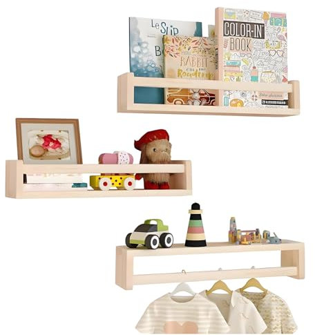 Aichilra Estantería Juego de 3 flotantes para libros y juguetes, ideal para habitaciones infantiles | Madera natural