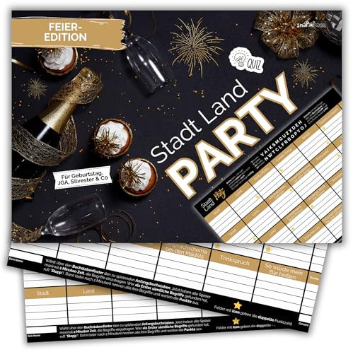 Stadt Land Party by snaPmee - Quiz Spiel Geburtstag, JGA, Hochzeit, Silvester & Co - Geschenk für Teenager + Erwachsene - 50 Blatt Din-A4