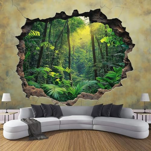 Seidenstoff Fototapete 3D Effekt 396X280Cm (B×H), Foto Tapete Schlafzimmer Wohnzimmer Tropischer Regenwald Tapete Wandtapete, Loch In Der Wand Motivtapeten Bildtapete Wand Dekoration