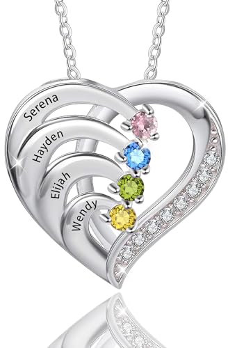 JONZIN Personalisierte Namenskette Silber mit Geburtssteinen,Halskette mit 2 3 4 Namen Damen Gravur Personalisierte Geschenk für Mama,Freundin,Mutter,Valentinstag,Geburtstag (Silber)