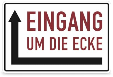Hinweisschild Eingang um die Ecke - PVC-Folie, selbstklebend - linksweißend - BxH: 30,0 x 20,0 cm - Symbol und Text - Schwarz/rot - Betriebsausstattung24