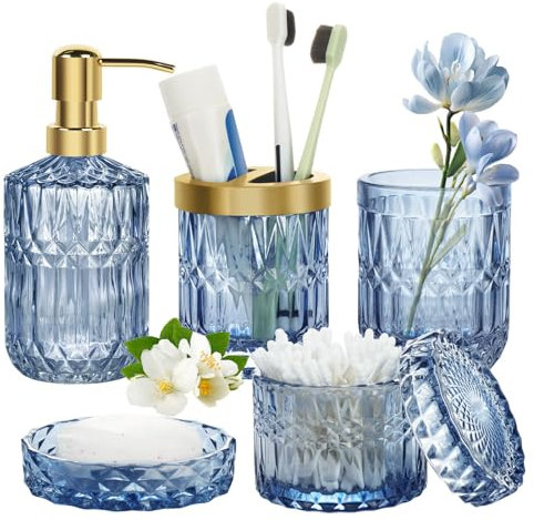 Juego de baño de Cristal, Juego de Accesorios de baño de Lujo, Dispensador de Jabón de Vidrio, Soporte para Cepillo de Dientes, Soporte para Jabonera, Vaso para Tarros de Hisopos de Algodón