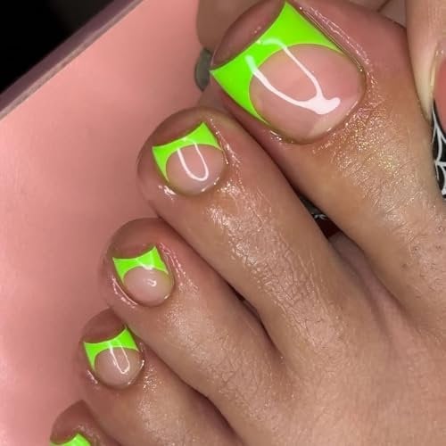 SXVME 30 Pcs Neon Green French Tip Press on ToeNails For Women, Natural Nude Toe Press on Nails Short Square, Glossy Gel Full Cover Acrylic Fake Toenails Press on for Decoration