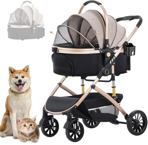 Joyfultails 3 in 1 Hundewagen mit Abnehmbarer Reisesitz Hundebuggy Hundebox Transporttasche Klappbar, Haustier Kinderwagen bis 25KG
