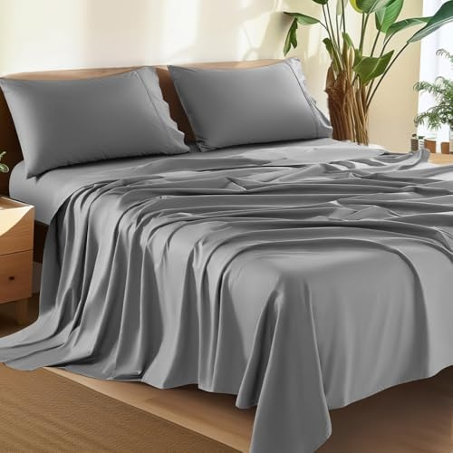 Shilucheng Bettwäsche-Set, 100 % Baumwolle, Fadenzahl 1500, luxuriöse ägyptische Baumwolle, 5-Sterne-Hotel-Qualität, atmungsaktiv und kühlend, 40,6 cm tiefe Tasche, 4-teilig (grau)
