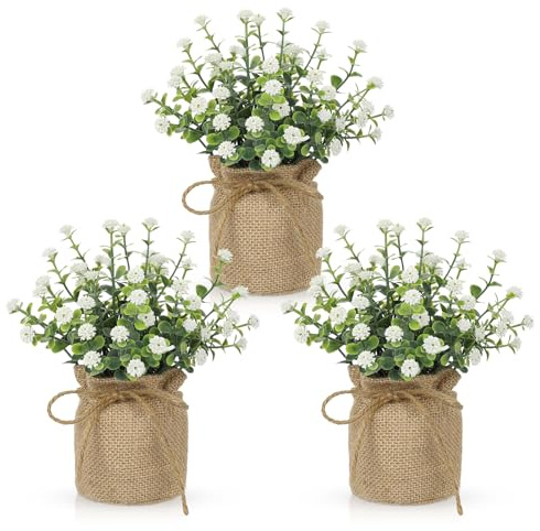 Briful Set of 3 Gypsophila Artificial Flowers in Sacks, Artificial Babys Breath in Jute Bags, Fake Plants White Gypsophila Flowers for Centerpieces, Shelf, Desk Decor