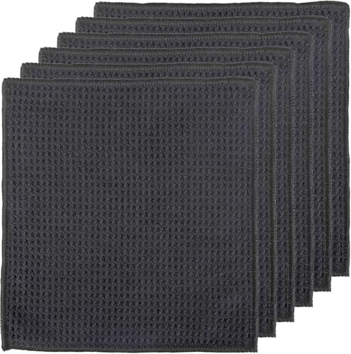 6 Stück Spüllappen Waschbar, Lappen Küche Schwarz, 20 x 20 cm Geschirrtücher Microfaser, Wiederverwendbar Waffeltücher, Extra Saugfähig & Langlebig, Abwaschlappen für Küche, Fenster, Glas, Bad