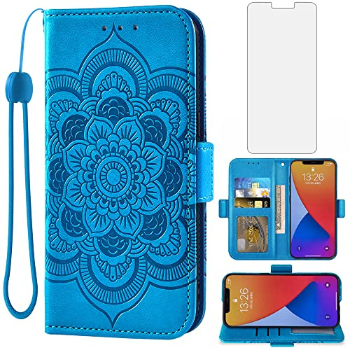 Asuwish Phone Case for iPhone 12 Pro Max 6.7 Wallet Cover with Tempered Glass Screen Protector and Flip Card Holder Cell Accessories iPhone12promax 5G i 12s Plus iPhone12 12pro Promax Women Men Blue