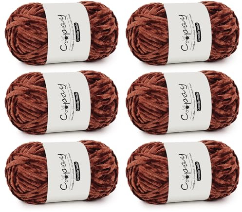 Coopay Chenille Wolle zum Häkeln, 6x100g Weiche Samtig Chenillegarn, Flauschige Dicke Wolle zum Stricken, Warme Plüschwolle Häkelgarn für Decken, Schals, Mützen - Kaffee