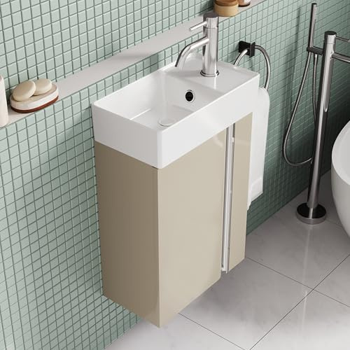 BRIDGE BENO 40 cm Badezimmerschrank Mit Waschbecken – Kleiner Waschbeckenschrank Mit Stauraum Für Gäste-Wc, Platzsparend, Taupe Glanz