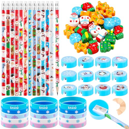 Haiabei 113 Weihnachten Schreibwarenset für die Schule, Partygeschenke-Set mit sstiften, Radiergummis, Anspitzern, Silikonarmbändern,sgeschenke für das Klassenzimmer als Strumpffüller