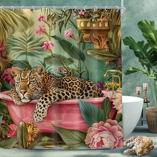 Leopard Vintage Hot Pink Cheetah Wildlife Retro Bathroom Shower Curtain Set | 60W x 72H Jungle Animal; waterproof HD print, quick-dry fabric and plastic hooks for easy setup.