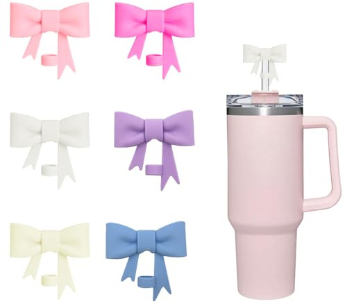 TRKETK 6 Pcs Bow Straw Covers Cap 10mm Silicone Toppers Reusable Dust-Proof Bow Shape Straw Lids Cute Leak-Proof Pipette Cover for Tumbler Cups Camping Tourism Tumbler Accessories (6 Colors)