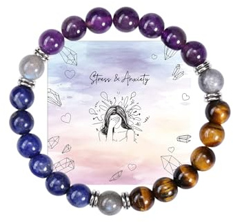GEHECRST Damen Edelstein Armband Heilsteine Armband Echte Naturstein Armbänder Amethyst Blaue Adern Tigerauge Perlenarmband Yoga Glücksarmband Healing Reiki Energietherapie Glückbringen Talisman
