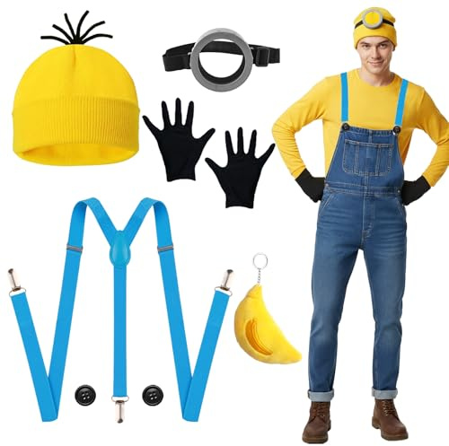 Gelbes Kostüm Set Erwachsener Karneval Halloween Kostüme Hut Handschuhe Schutzbrille Knöpfe Rock Hosenträger Bananen-Schlüsselanhänger Gelbes Kostüm für Halloween Karneval Cosplay