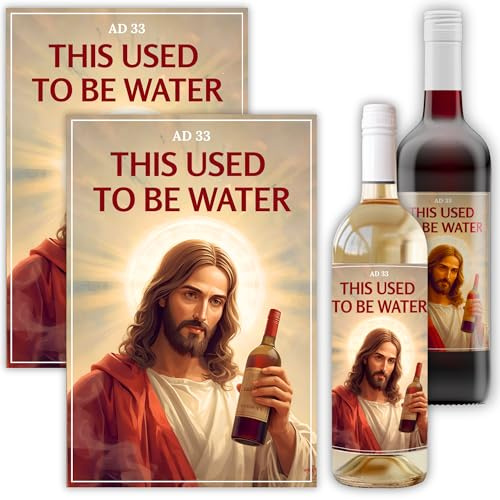 Funny Wine Label – “This Used to Be Water” Jesus Design, Pack of 2 – 4x6 Inch Self-Adhesive Bottle Stickers for Christmas, Parties & Gag Gifts – Fits Most Wine & Alcohol Bottles