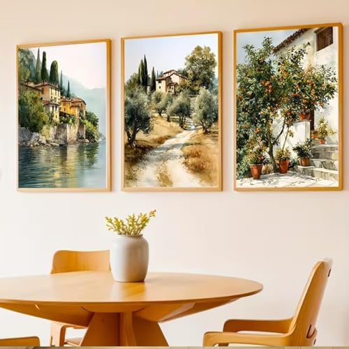 TROYSINC 3er Poster Set – Toskana-Seeufer Deko Bildergalerie, cremefarbenes Wohnzimmer-Wandbild, mediterraner Landhausstil für Schlafzimmer & Flur (30x40cm)