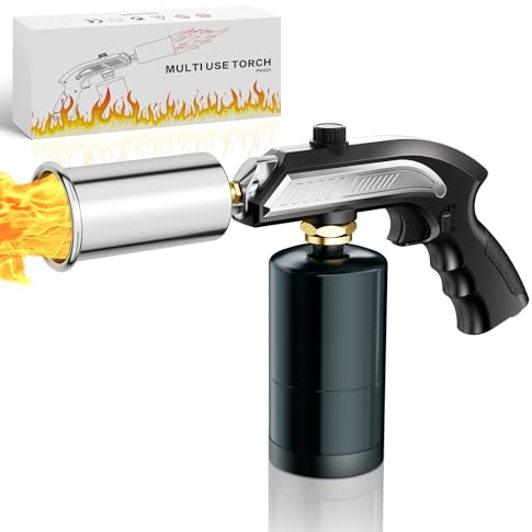 Propane Torch ，Kitchen Cooking Torch, Lighter,Safety Lock& Adjustable Flame Thrower, Kitchen Food Torch Head for Grill, Sous Vide, BBQ (Tank Not Included) (Black&Silver)