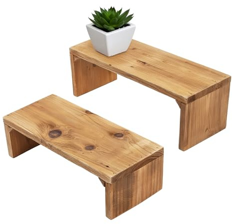 Spetebo Lot de 2 bancs de fleurs en bois recyclé naturel - 35/30 cm - Bois véritable - Support rectangulaire pour plantes - Mini banc en bois - Tabouret décoratif