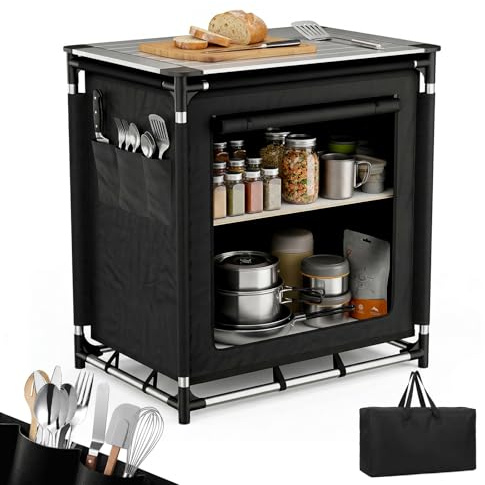 Sekey Campingschrank Faltbar Campingküche mit Aufrollbare Arbeitsplatte & Aluminiumgestell, Ink. Tragetasche, Reiseküche Zeltschrank Outdoor Camping Küche für Grillen, Picknick, Garten