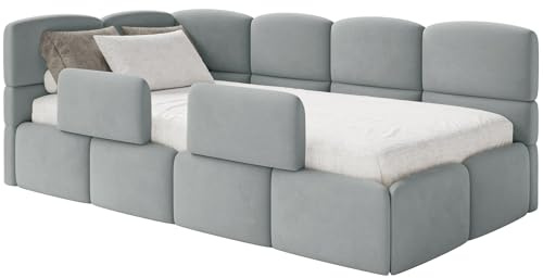 Selsey Jugendbett 120x200cm Grau gepolstert mit Stauraum und Lattenrost, Polsterbett Kinderbett mit 2 Schutzbarrieren, Jugendbett linksseitig mit Bettkasten, Bett 120x200 für Kinderzimmer