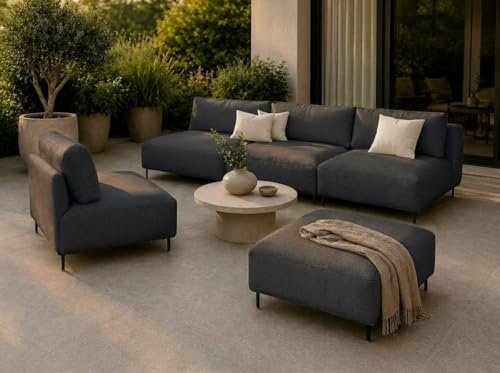 A&J MöbelLand Outdoor Lounge Set Sun mit Sofa, Sessel und Hocker in Dunkelgrau - Wetterfestes Gartenmöbel Set für Terrasse, Balkon und Garten