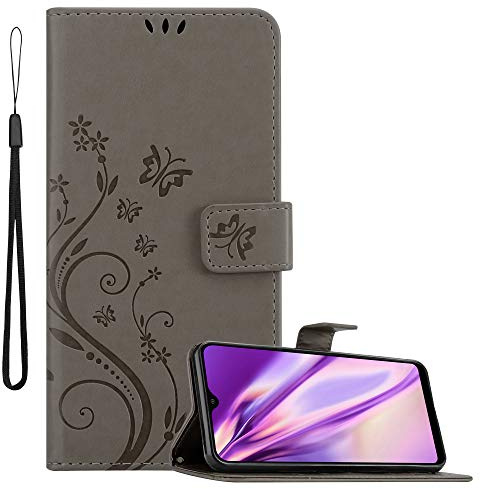 Cadorabo Hülle kompatibel mit Samsung Galaxy M20 Blumen Design aus Premium Kunst Leder Flip Klappbare Stoßfeste Magnetische [Standfunktion] [Kartenfächern] Cover Hülle für Galaxy M20 Tasche in Grau
