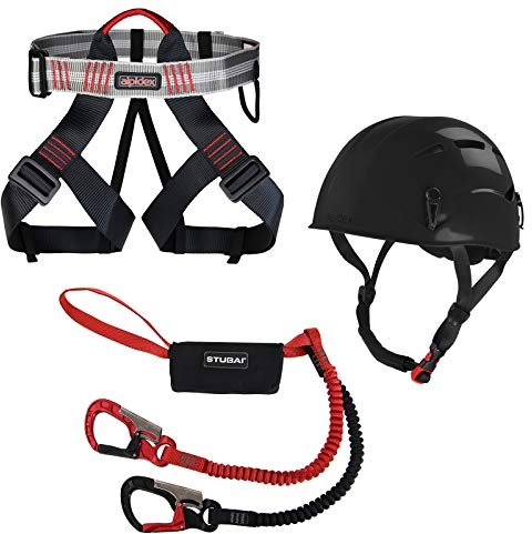 ALPIDEX Kletterhelm Klettergurt + Stubai Klettersteigset Basic 3.0, Farbe:Black, Größe:Gurt - Universalgröße/red Pepper