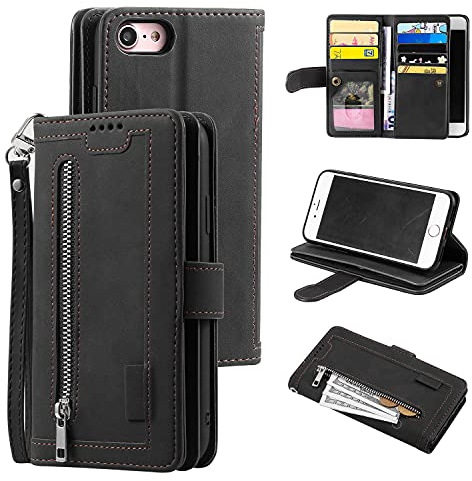 UEEBAI Wallet Case for iPhone 6 iPhone 6S, Retro 9 Card Holder Slots Zipper Pocket Handbag Case PU Leather Magnetic Closure Kickstand with Wrist Strap TPU Shockproof folio Case - Black