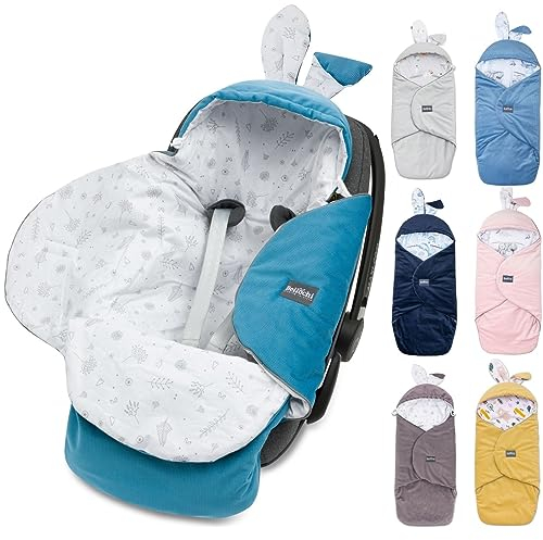 Premium Einschlagdecke Babyschale, Baby Erstausstattung aus Baumwolle für Autositz, Kuscheldecke für Kinderwagen mit Fußsack passend für Maxi-Cosi, Römer, Cybex - Ocean Blue