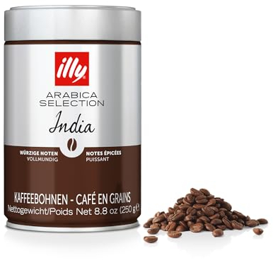 illy, Café en Grains Arabica Selection Inde, 100% Arabica avec des Notes de Poivre Noir et de Chocolat Extra Noir, Haute Intensité Aromatique, Paquet de 6 Boîtes (6 x 250g)