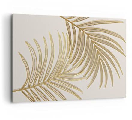 Wandbilder Dekoration Wohnzimmer Golden Blätter Palmen Bilder auf Leinwand 120x80cm Leinwandbild Schlafzimmer Küche Deko Wand Kunstdruck Art Groß XXL Wanddeko Bild Wall Decor Canvas AA120x80-4738