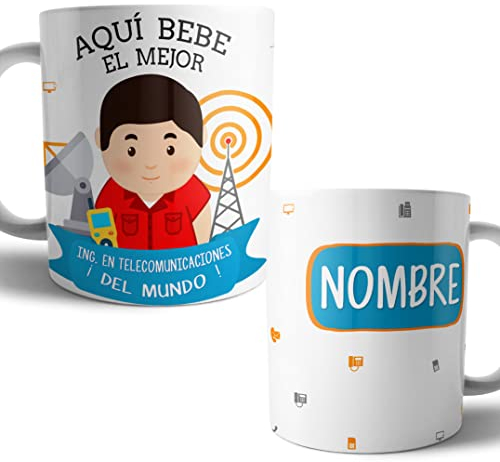 Taza Ingeniero Telecomunicaciones Original Personalizada con Nombre | Mejor del Mundo Taza Ingeniero Telecomunicaciones Profesiones de Cafe Desayuno para Regalar (Telecomunicaciones Hombre)