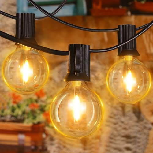 Ollny Festoon Lights Outdoor 15m, LED String Light Mains Powered, with Plug/25+2 Shatterproof G40 Bulbs/Hook, Bright Warm White Lighting Outside Indoor Tree Garden Decorations