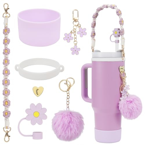 Stanley Cup Accessories Set Including 1 Pcs Water Bottle Handle Strap, 1 Pcs Siliocne Stanley Cup Boot, 1 Pcs Siliocne Straw Cover, 2 Pcs Stanley Charms for Stanley Cup 40oz & 30oz Tumbler (Purple)…