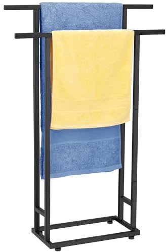 Standing Towel Racks for Bathroom, 2 Tier Bathroom Floor Free Standing Towel Rack, Tall Enough Pool Bath Drying and Dispaly Outdoor Stand for Storage, Black Freestanding Blanket Holder, ALHAKIN