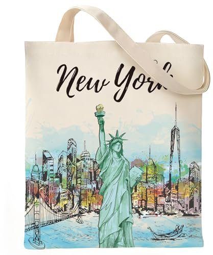 VeloKomo New York Einkaufstasche – NYC Canvas Baumwolle Souvenir Geschenke Aquarell Stadt Reise Souvenirs Organizer Handtaschen Wiederverwendbar Einkaufen Arbeit Lebensmittel Totes Urlaub Ausland