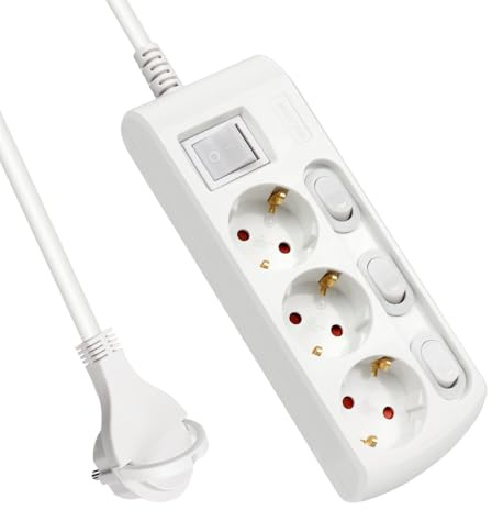 EXTRASTAR 3 Fach Flachstecker Steckdosenleiste Haupt+Einzelschalter | Kindersicherung, 1.5m Kabel, 3G1.5mm², 16A, 3680W, Mehrfachsteckdose für Büro und Zuhause, Weiß