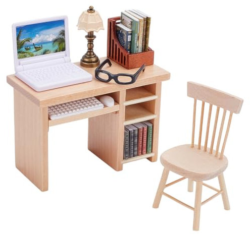 FREEBLOSS 18Pcs Miniature Dollhouse Furniture Set Dollhouse Table Chair Set with Mini Books Laptop Bookcase and Lamp Doll House Furniture and Accessories Set